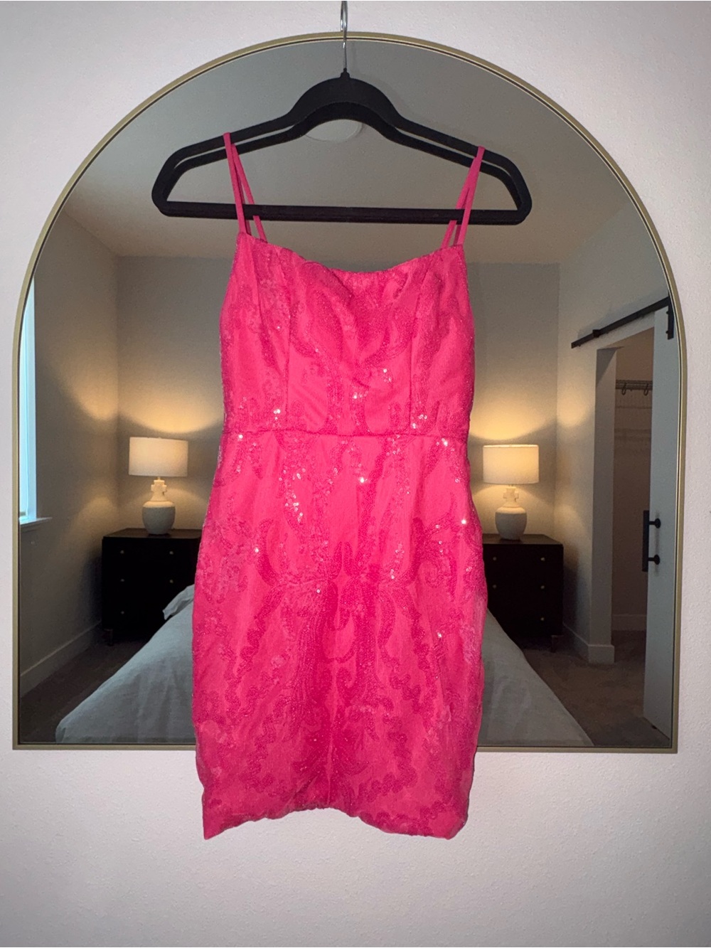 Fuchsia Sequin Spaghetti-Strap Prom Dress